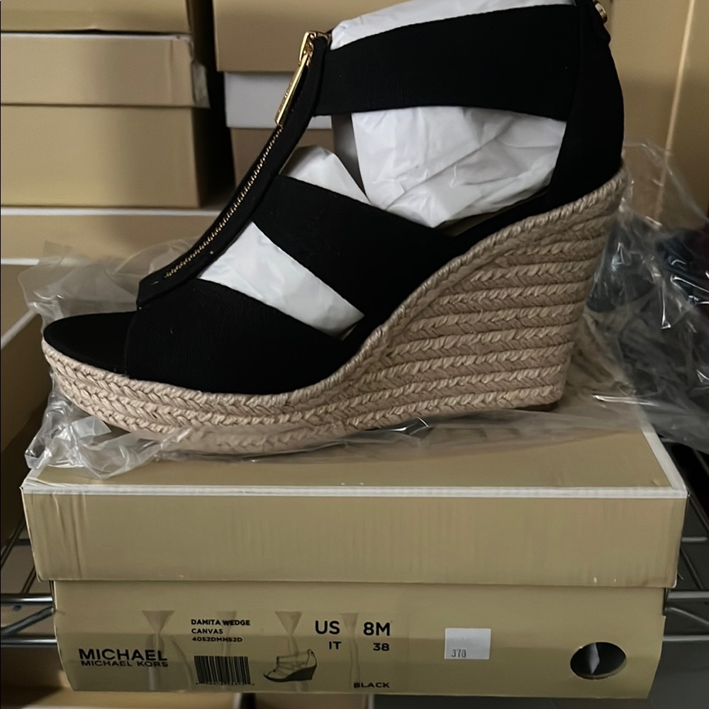 Michael Kors Black Wedge Espadrilles with Strappy Design